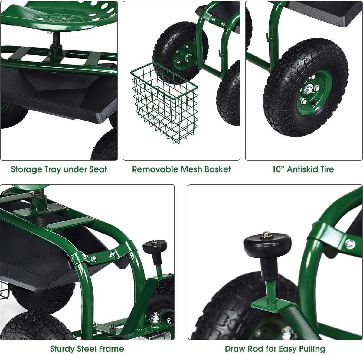 Goplus Rolling Garden Cart with Seat, Outdoor Garden Stool with Wheels, Tool Tray & Basket, Adjustable Steering Handle