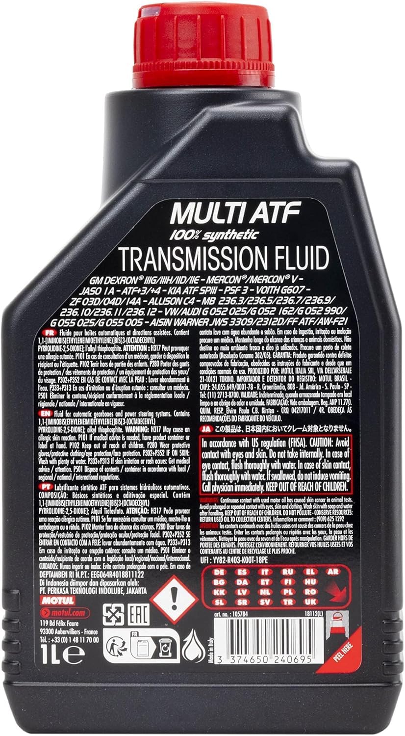 Motul Multi ATF 100% Synthetic Automatic Transmission Fluid – Multi-Vehicle ATF for Dexron III, Mercon & Import Applications, Smooth Shifting & Wear Protection, 1 Liter