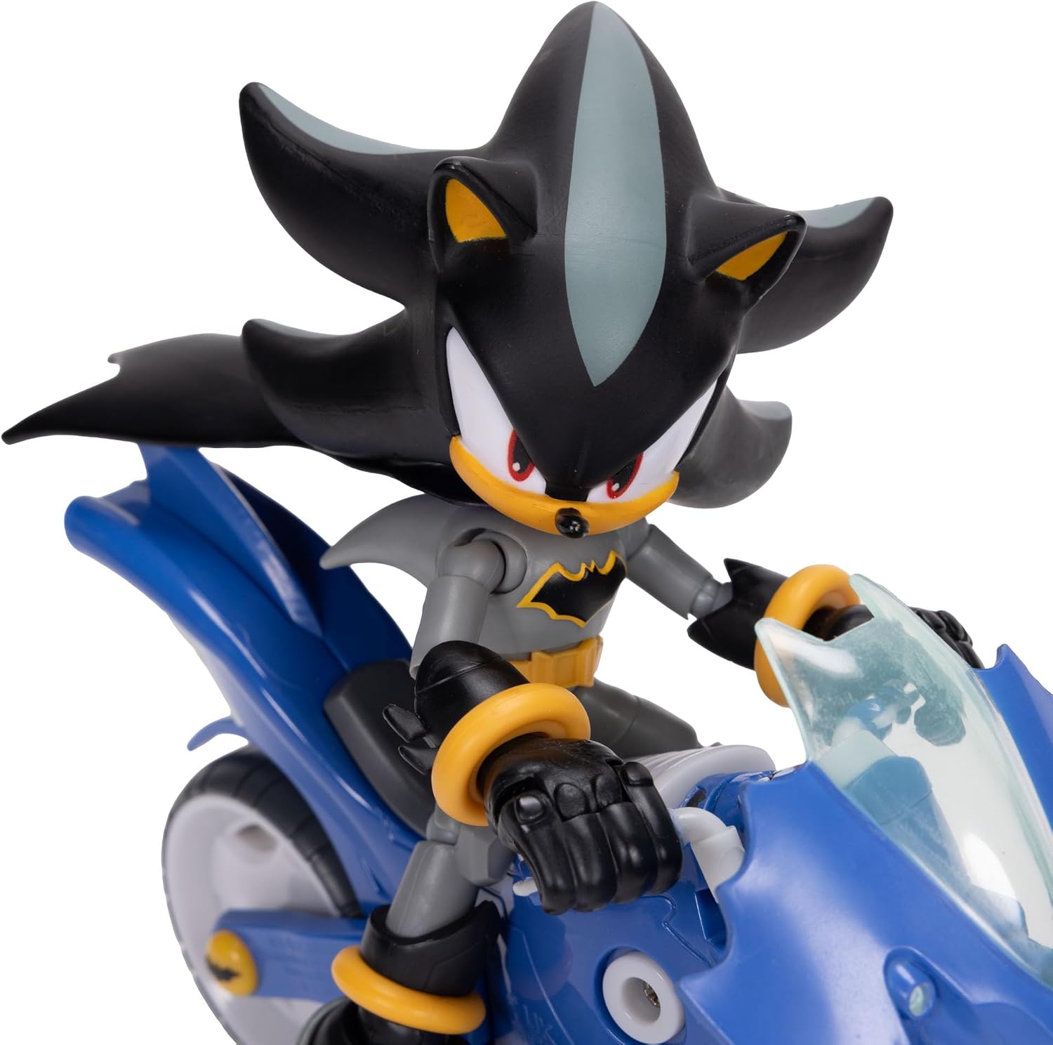 Sonic The Hedgehog DC x Sonic Shadow as Batman & Batcycle Action Figure Set, 5"/13cm, 22 Points of Articulation, Moving Wheels, Working Kickstand