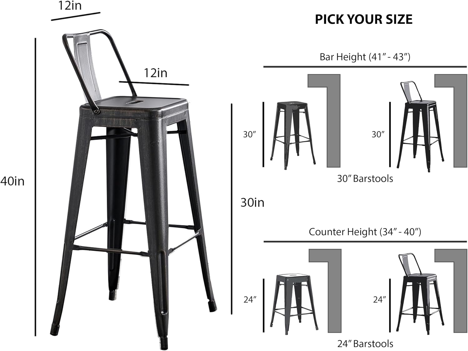 AC Pacific 30” Metal Barstool Set of 2 – Country Rustic Style with Low Back, Lightweight & Sturdy Build, Easy Assembly – Matte Black