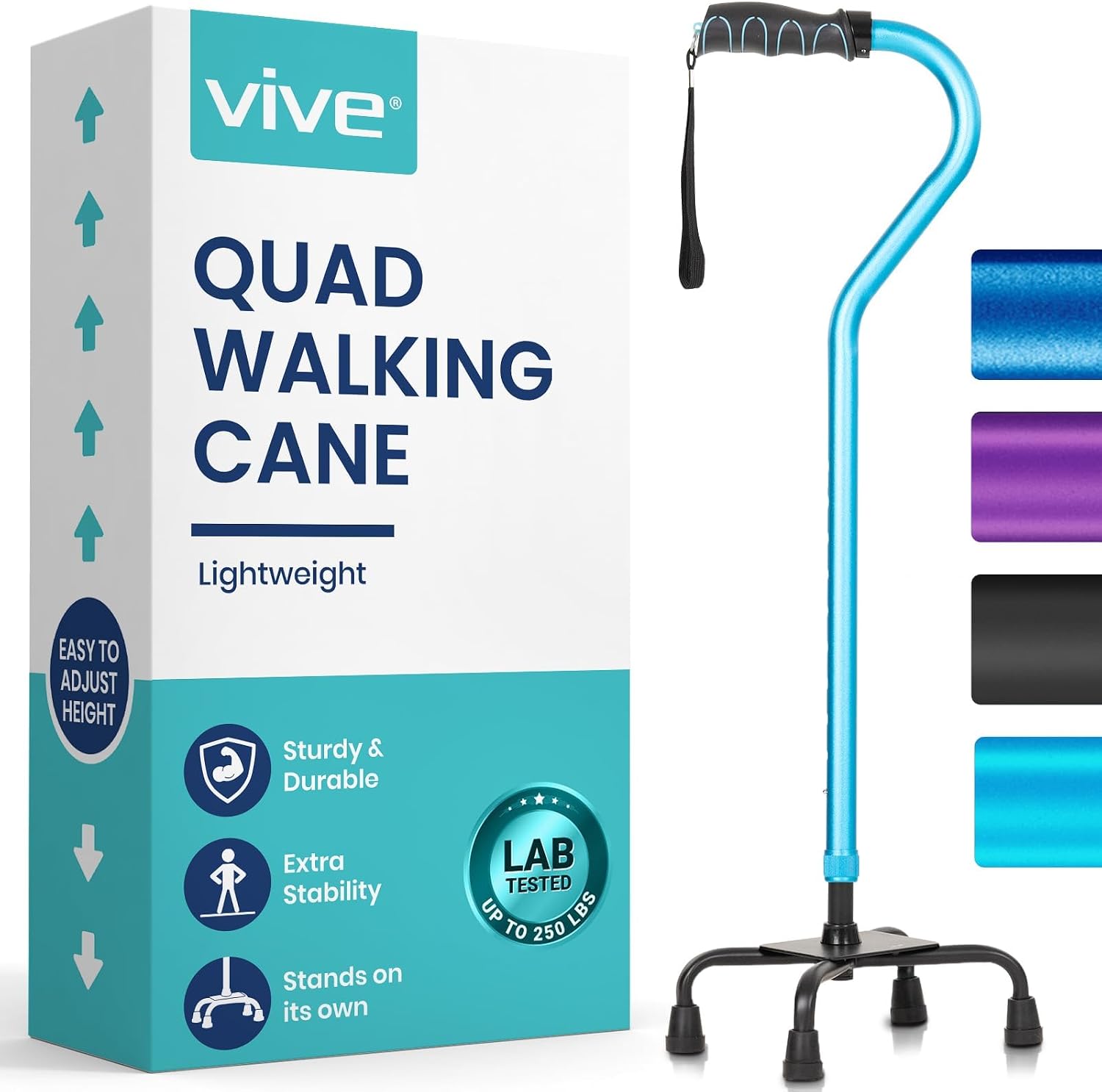 Vive Quad Cane - Walking Stick for Men and Women - Lightweight Adjustable Staff - Comfortable Right and Left Hand Grip for Stability Support - Four Prong Sturdy Aluminum Travel Aid - 4 Tip Blue | Senior 4 Prong Walking Stick for Stability & Balance- Righ…