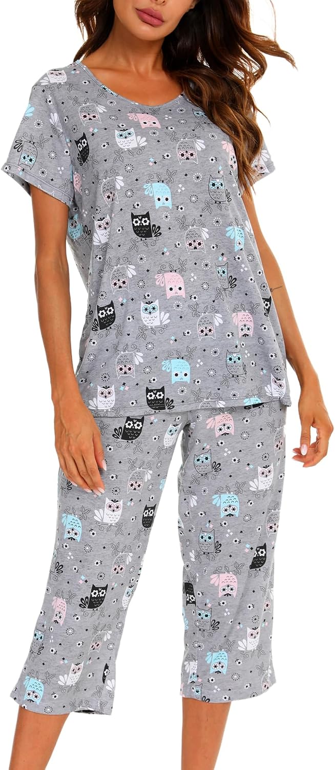 ENJOYNIGHT Womens Pajama Set Cotton Summer Pj Top with Capri Pant Sleepwear