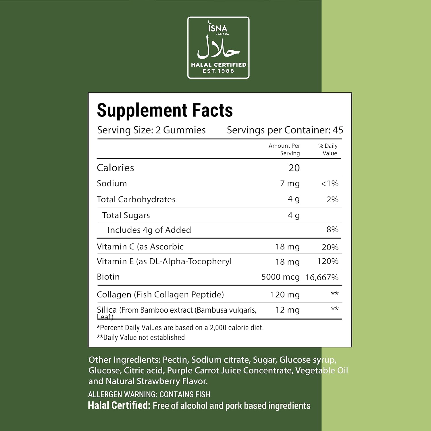 Noor Vitamins Halal Hair Vitamins Biotin, Collagen, Silica, Vitamin C & E Supports Hair, Skin & Nail Health, Natural Strawberry Gummy Vitamins. GMO