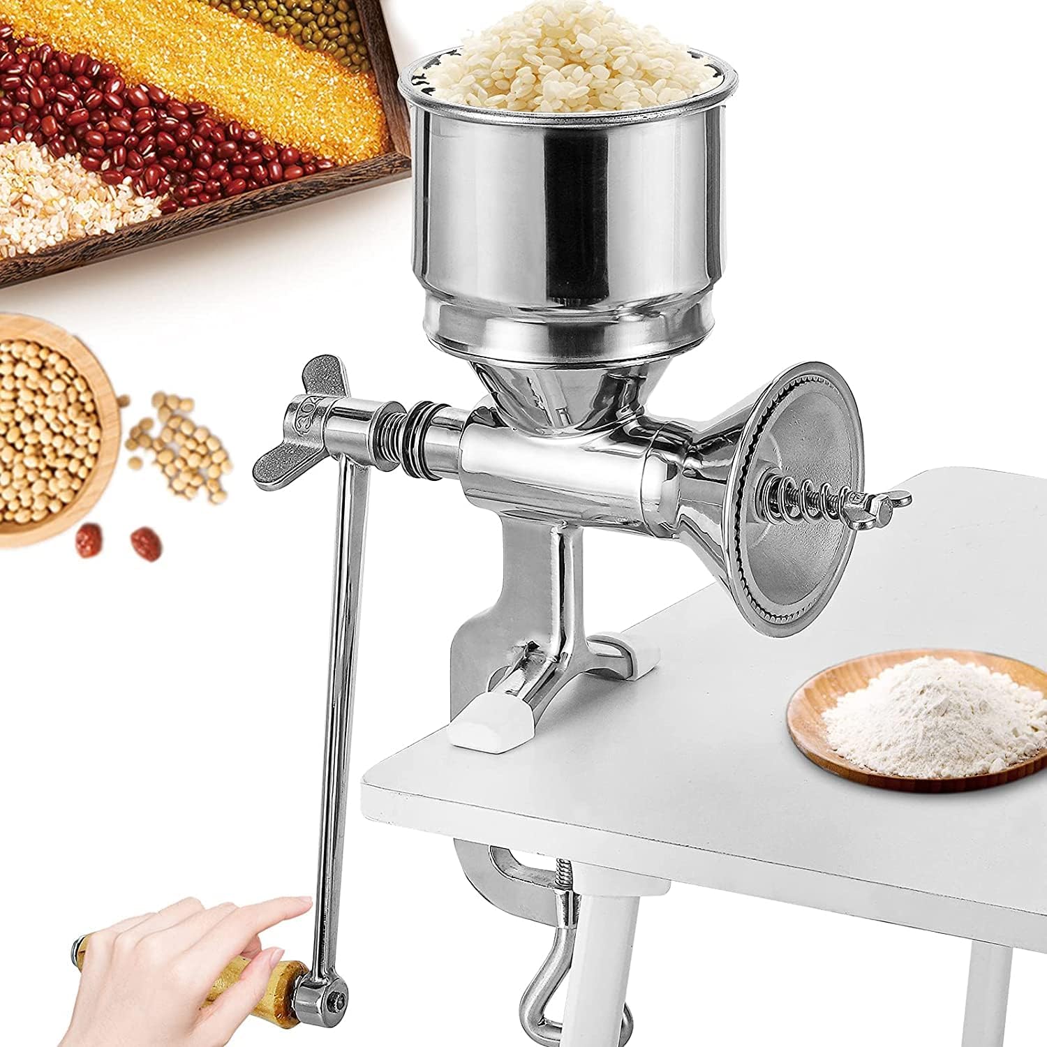 Moongiantgo Hand Grain Mill Manual Coffee Grinder Coarseness Adjustable Stainless Steel Hand Crank Grinding Tool with Table Clamp for Rice Spices