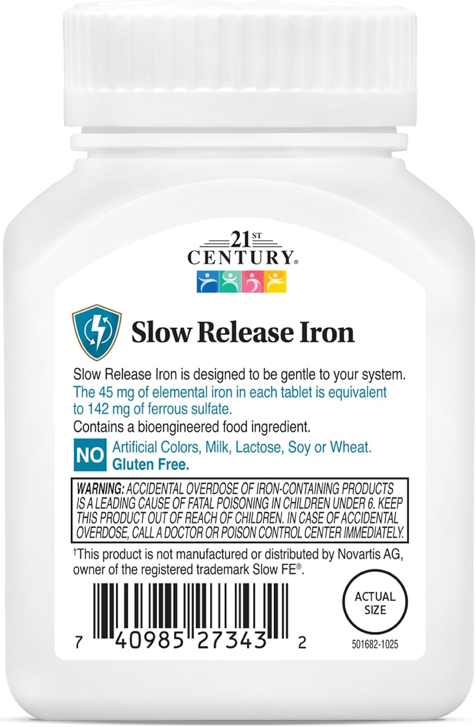 21st Century Slow Release Iron 45mg Tablets, Gentle on Stomach, 60 Count | High-Potency Ferrous Sulfate, Compare VS. Slow FE® & Healthy Red Blood Cells, Gluten Free, No Added Yeast, For Women & Men
