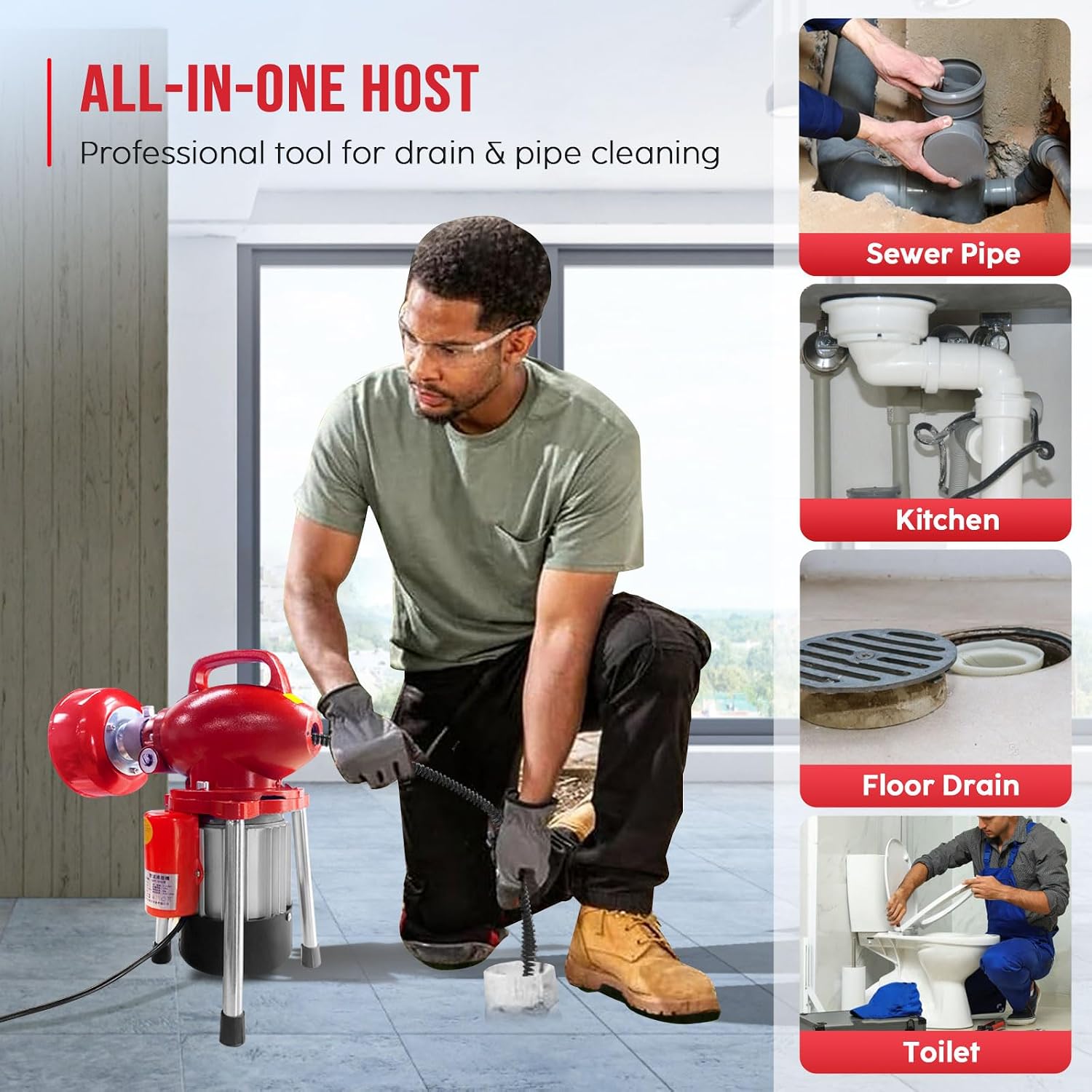 Drain Cleaner Machine 40FT, 350W 2 Cables, Electric Drain Auger for 3/4" to 4" Pipes, Electric Drain Auger with 6 Cutters for Toilet, Sewer, Bathroom