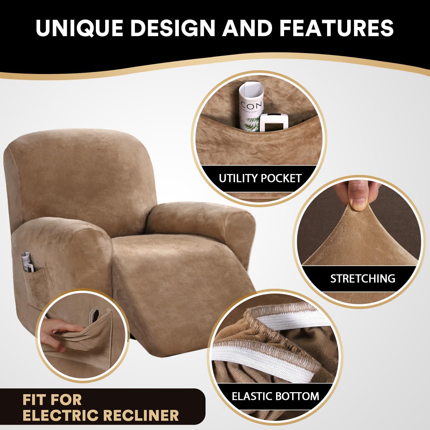PrinceDeco Recliner Chair Cover Velvet Stretch Recliner Couch Covers 4-Pieces Style Recliner Chair Covers Recliner Cover for Reclining Chair