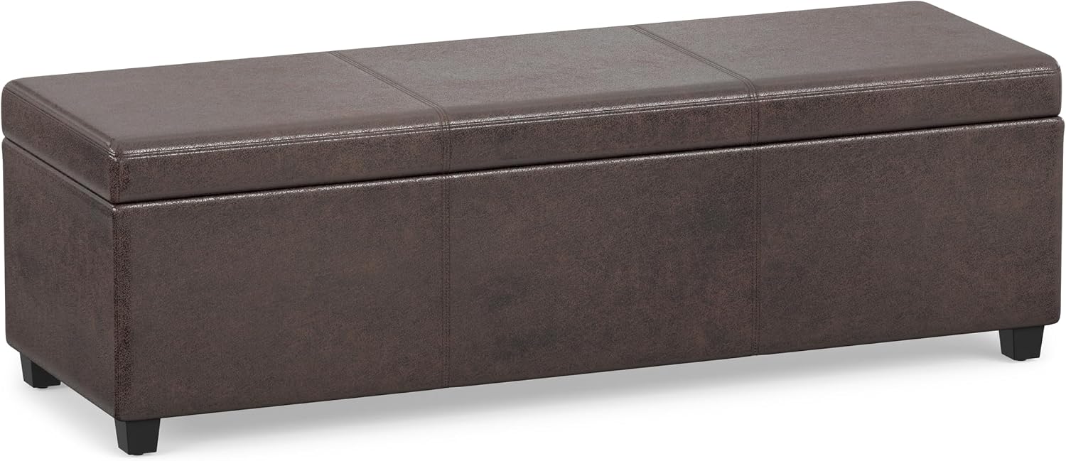 SIMPLIHOME Avalon 54" Wide Vegan Leather Storage Ottoman in Tanners Brown