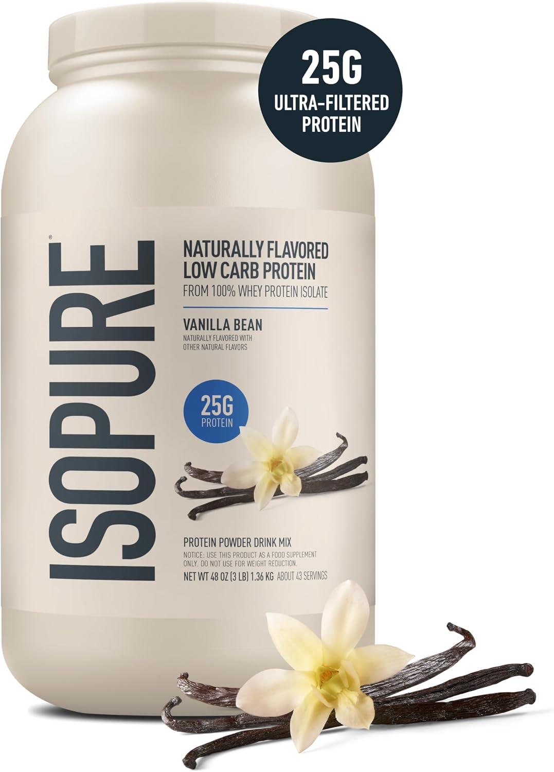 Isopure Low Carb 100% Pure Whey Isolate Protein Powder, Lactose Free, Gluten Free, with Vitamins, Vanilla, 25g Protein Per Serving, 3 Lbs, 43 Servings (Packaging May Vary) | 25g Protein Per Serving, 100% Whey Protein Isolate, Lactose Free, Gluten Free, w…