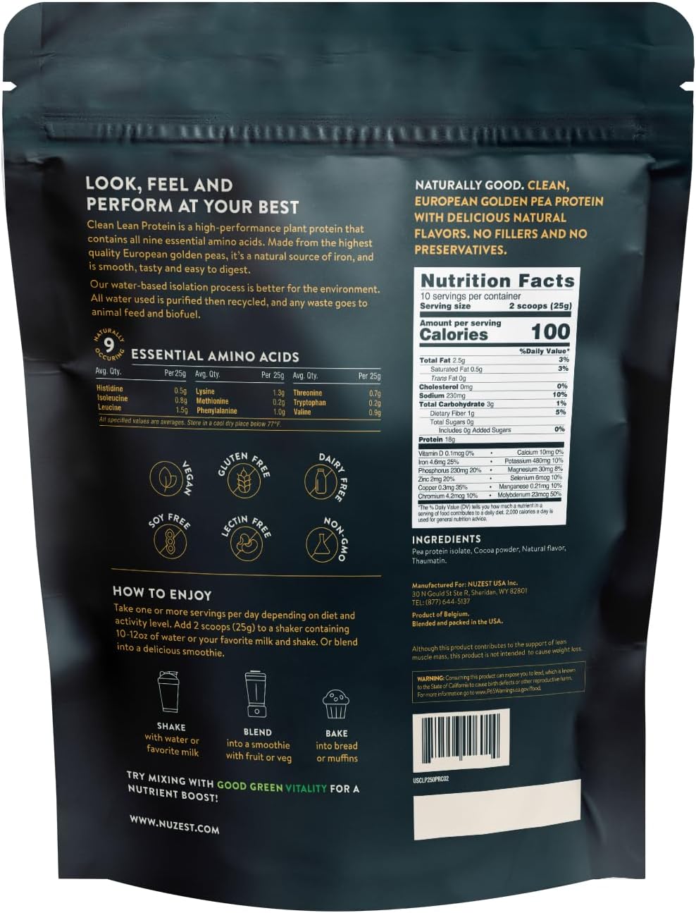 Nuzest Clean Lean Protein - Vegan Pea Protein Powder Rich Chocolate 1.1 lb | 20 Servings with 18g Protein Plant Based Protein Powder, Only 4 Ingredients, Dairy Free, Gluten Free, GMO Free, Protein Shake