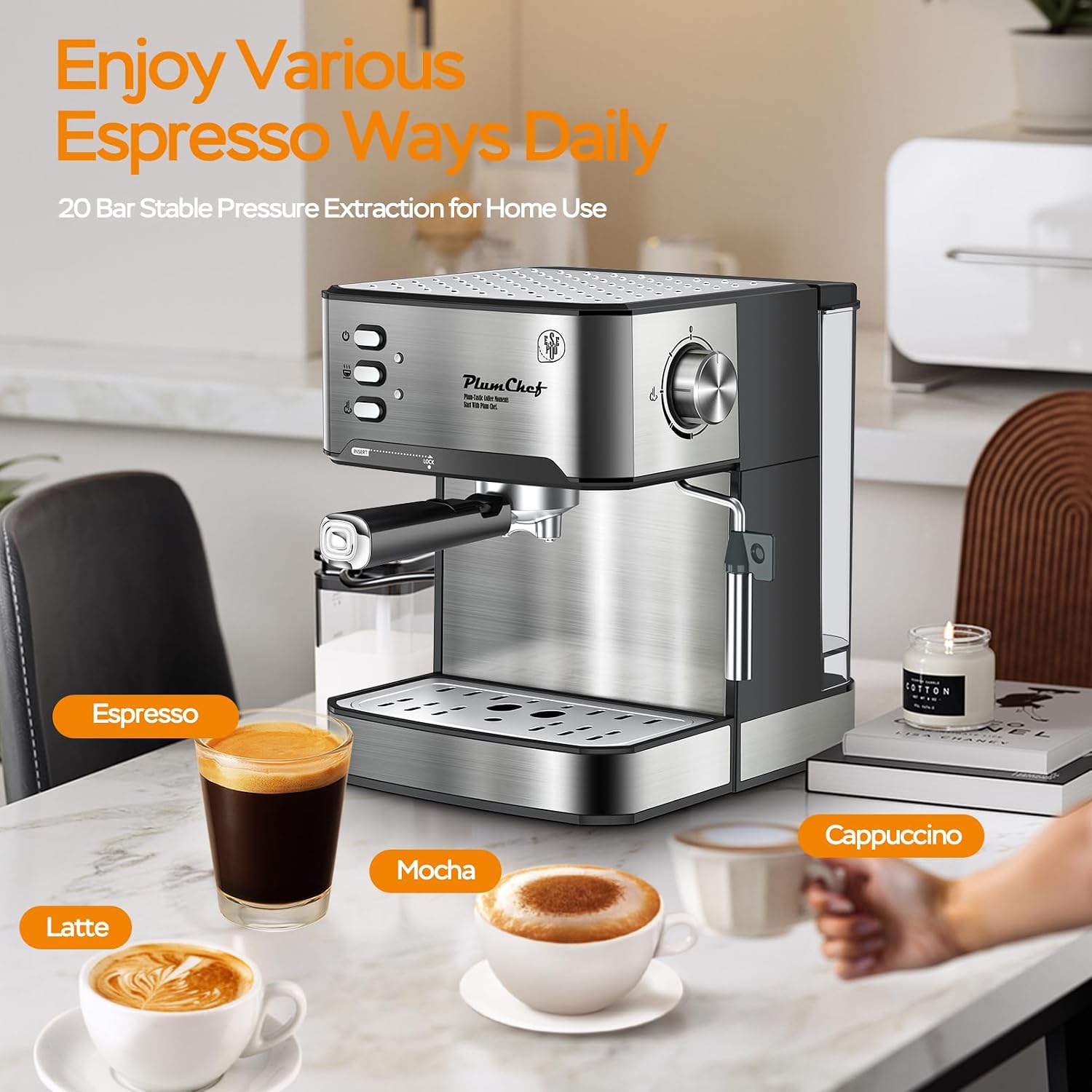 Plum chef Espresso Machine 20 Bar, Household Coffee Maker with Milk Frother Steam Wand, Pressure Gauge, 54oz Large Water Tank, Low Noise Fast Brew for Cappuccino Latte Macchiato Home Office