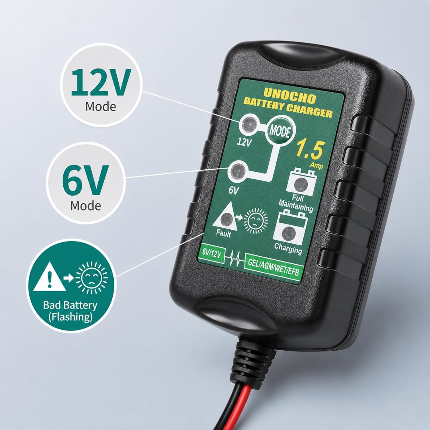 Unocho 6V/12V Battery Charger Maintainer 1.5A Automatic Trickle Charger Smart Float Charger for Car Motorcycle Lawn Mower Boat ATV Snowmobile