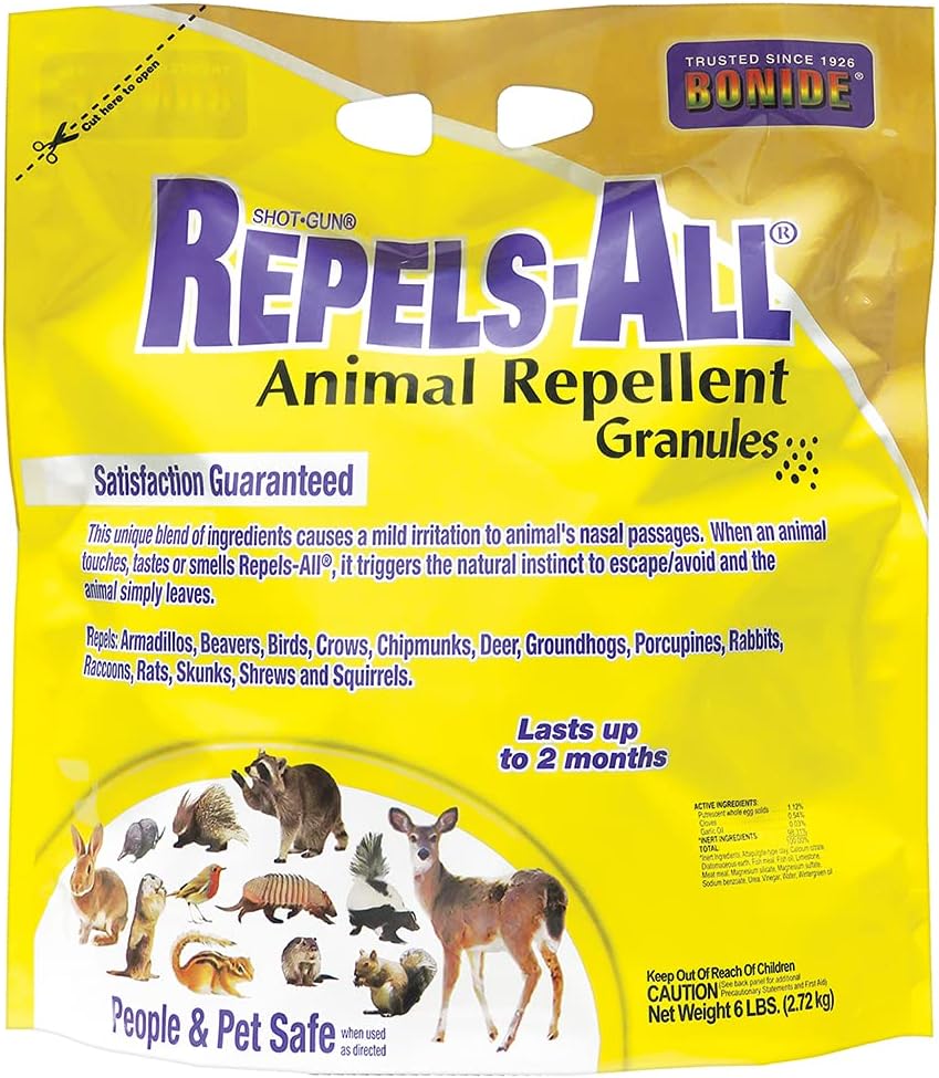 Bonide Repels-All Animal Repellent Granules, 6 lbs. | Ready-to-Use Deer & Rabbit Repellent, Deter Pests from Lawn & Garden