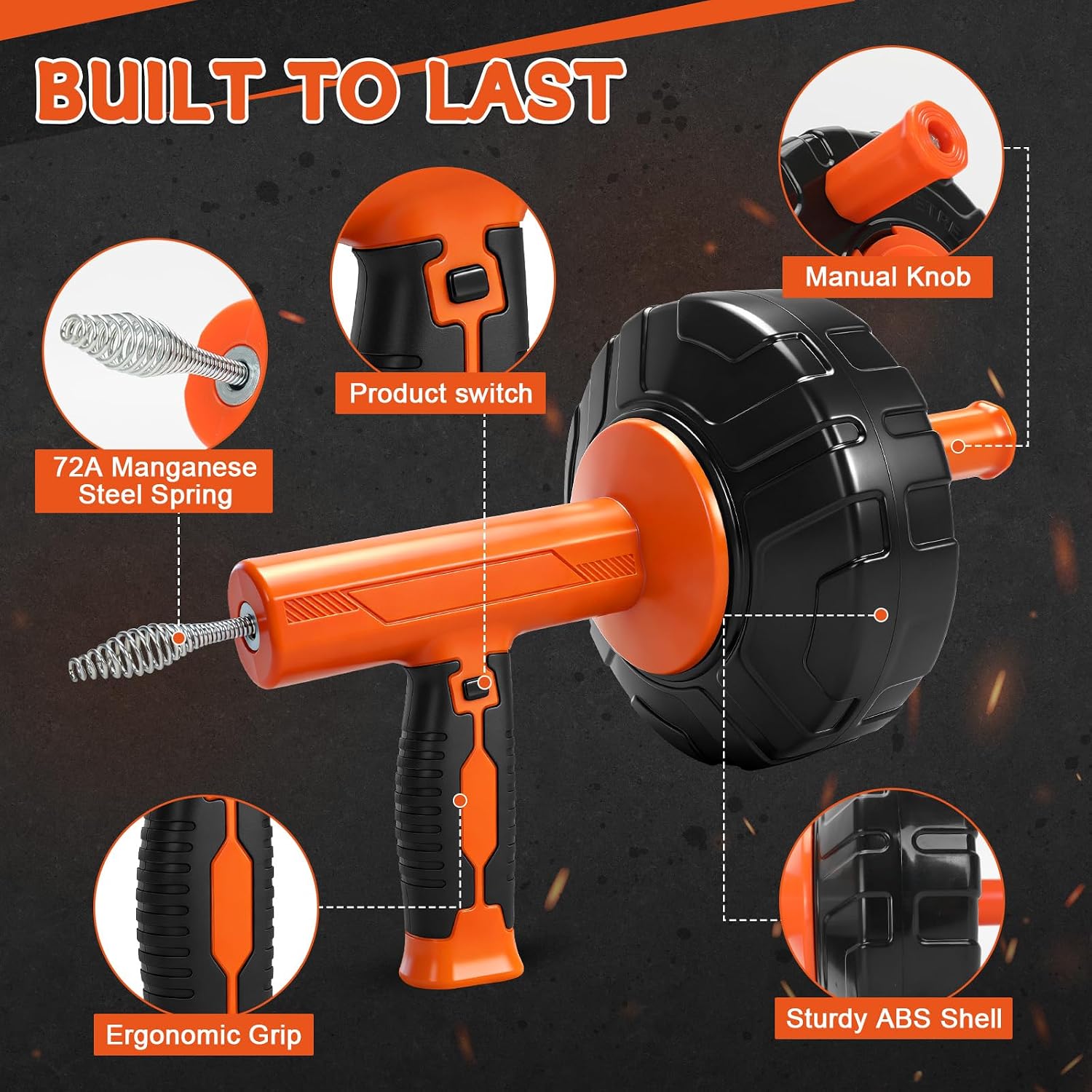 45 FT Drain Snake Auger Manual & Drill Powered Auto Retract | Drill Attachment Adapter, Automatic Feed & Retract Cable