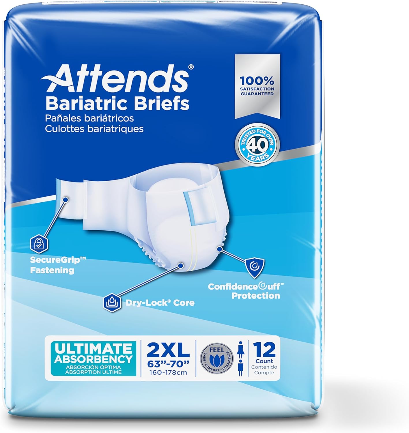 Attends Bariatric Incontinence Disposable Briefs, XX-Large, 63"-70" Waist with Tab Closures, Ultimate Absorbency, Dry-Lock Containment Core and ConfidenceCuff Leakage Protection, 2XL 48ct Case