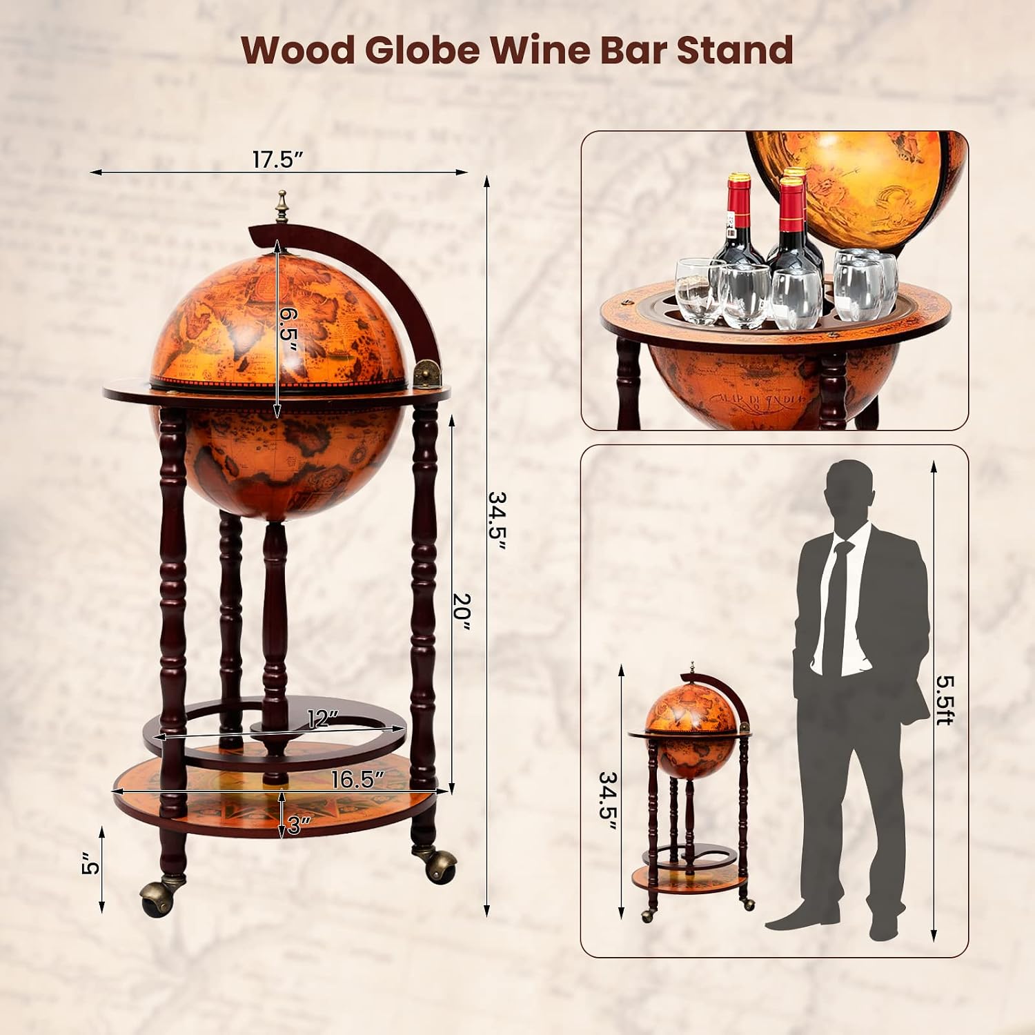 COSTWAY Globe Wine Bar Cabinet, Italian Replica Bar Cart with Wheels and Liquor Bottle Shelf, Solid Wood Wine Bar Stand for Home, Kitchen, Bar