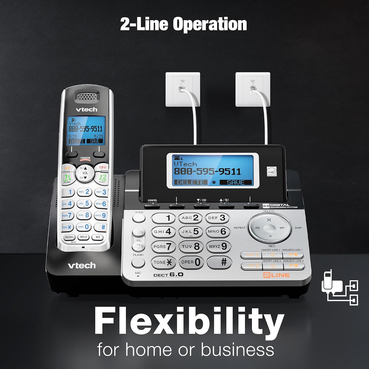 VTech DS6101 Accessory Handset for DS6151 Series, Black/Silver | 2-Line Cordless Phone, Answering System, Expandable up to 12 Handsets, Intercom & Conference