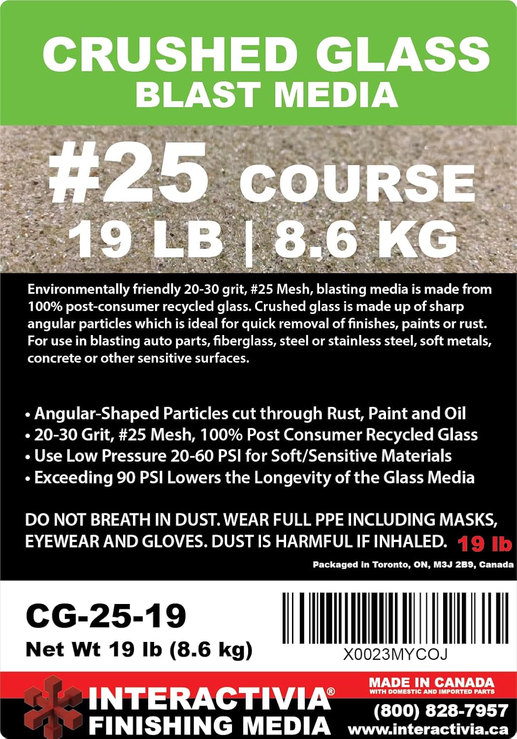 20-30 Grit (#25) Crushed Glass Abrasive - 19 lb or 8.6 kg - Blasting Abrasive Media (Course - Very Large) #25 Mesh - 940 to 559 Microns - for Blast