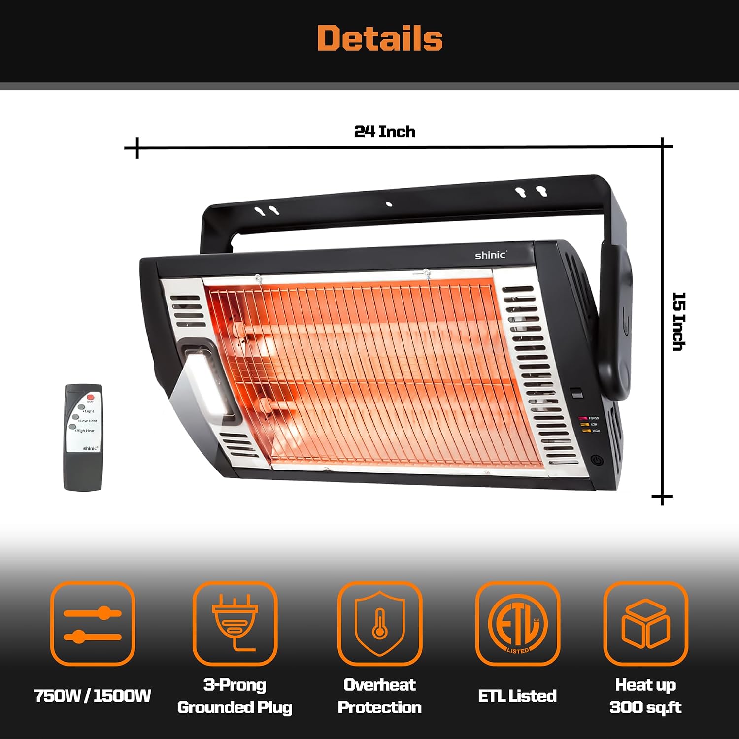 Shinic Electric Garage Heaters with Remote Control, 1500W/750W Ceiling Mounted Radiant Quartz Heater with Work Light, 90° Rotation, 5 Mode Settings