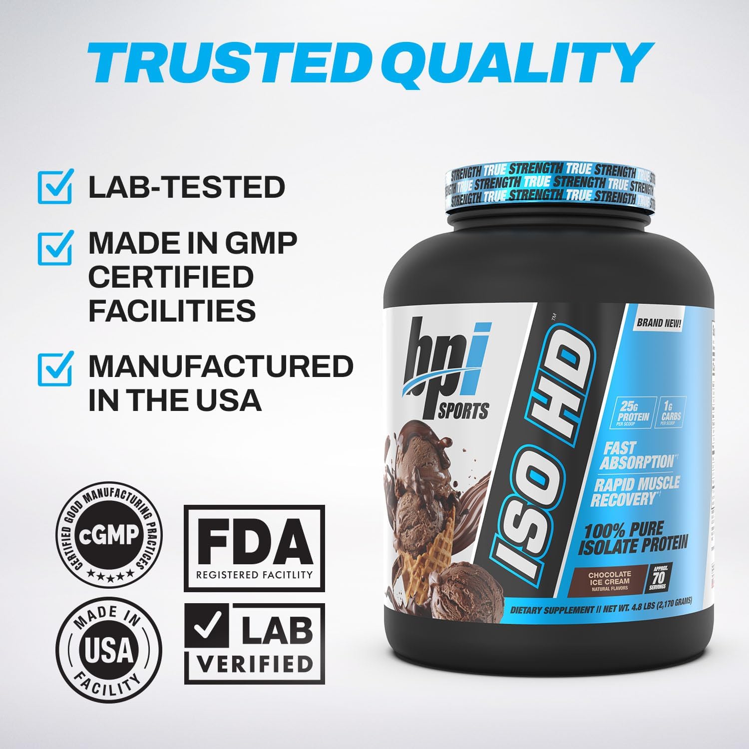 BPI Sports ISO HD Isolate Protein Powder – 100% Whey Isolate, Protein Powder for Muscle Gain - Chocolate Brownie, 5.4 Pounds - 69 Servings