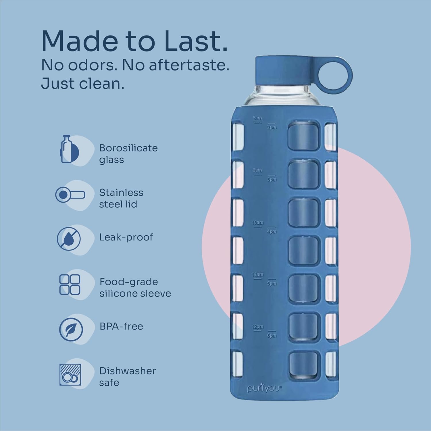 purifyou 40oz / 32oz / 22oz / 12oz Borosilicate Glass Water Bottle with Time & Volume Markers, Silicone Sleeve