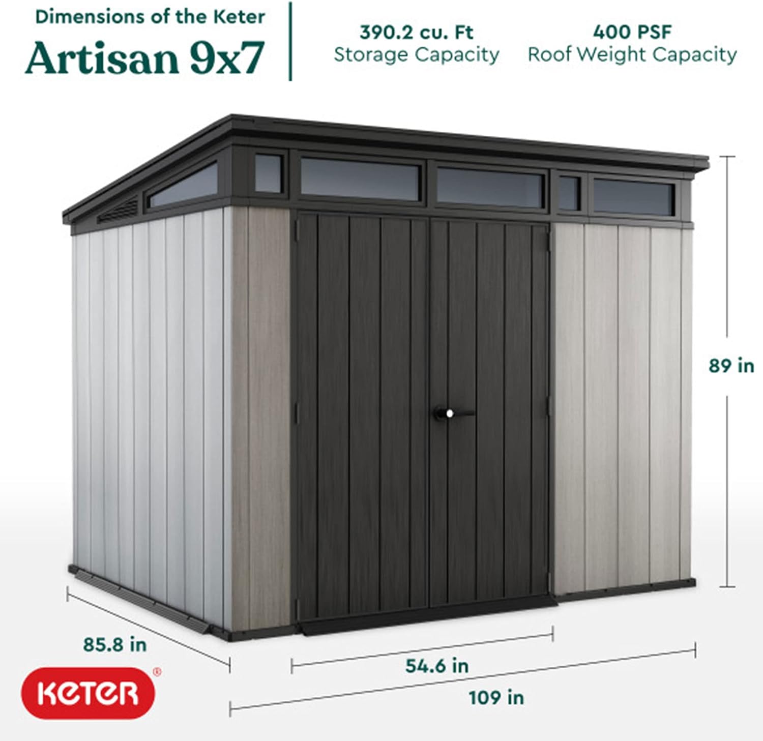 Keter Artisan 9x7 Foot Large Outdoor Shed with Floor with Modern Design for Patio Furniture, Lawn Mower, Tools, and Bike Storage, feet, Grey/Black