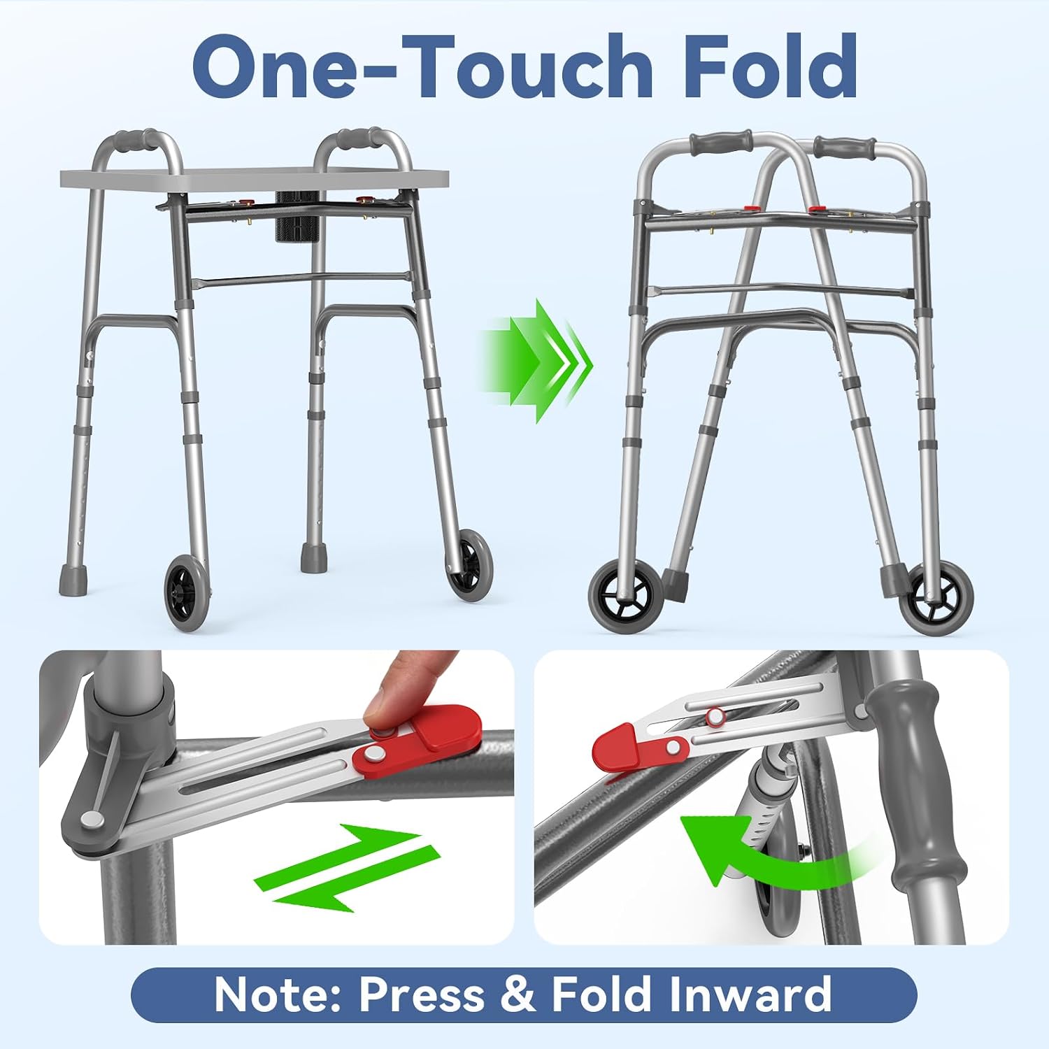 Loyoda Folding Walker with Basket and Glide Skis, 5" Wheels, Lightweight | Standard Walker for Seniors and Adults, Offers 8 Height Adjustments (31"-38"), Supports up to 350 lbs