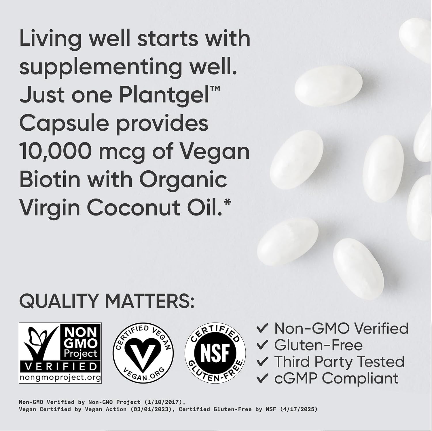 Sports Research® Biotin 10,000mcg w/Coconut Oil, 120 Count Plantgels™ | Max Strength Vegan Biotin (Vitamin B7) for Healthy Skin and Hair Support | Non-GMO, Gluten & Soy-Free, 120 Servings