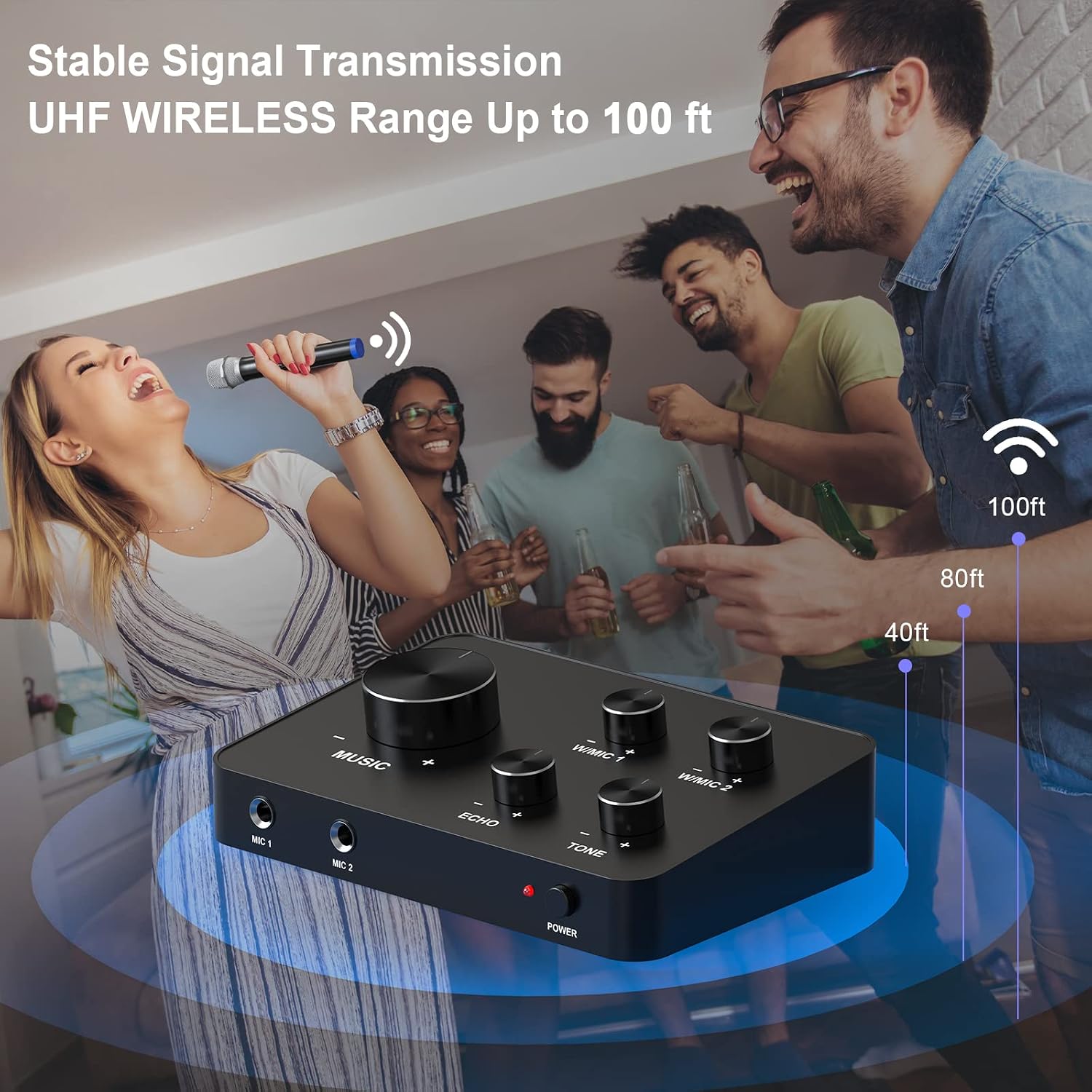 Rybozen Wireless Microphone Karaoke Mixer System, Dual Handheld Wireless Microphone for Karaoke, Smart TV, PC, Speaker, Amplifier, Church