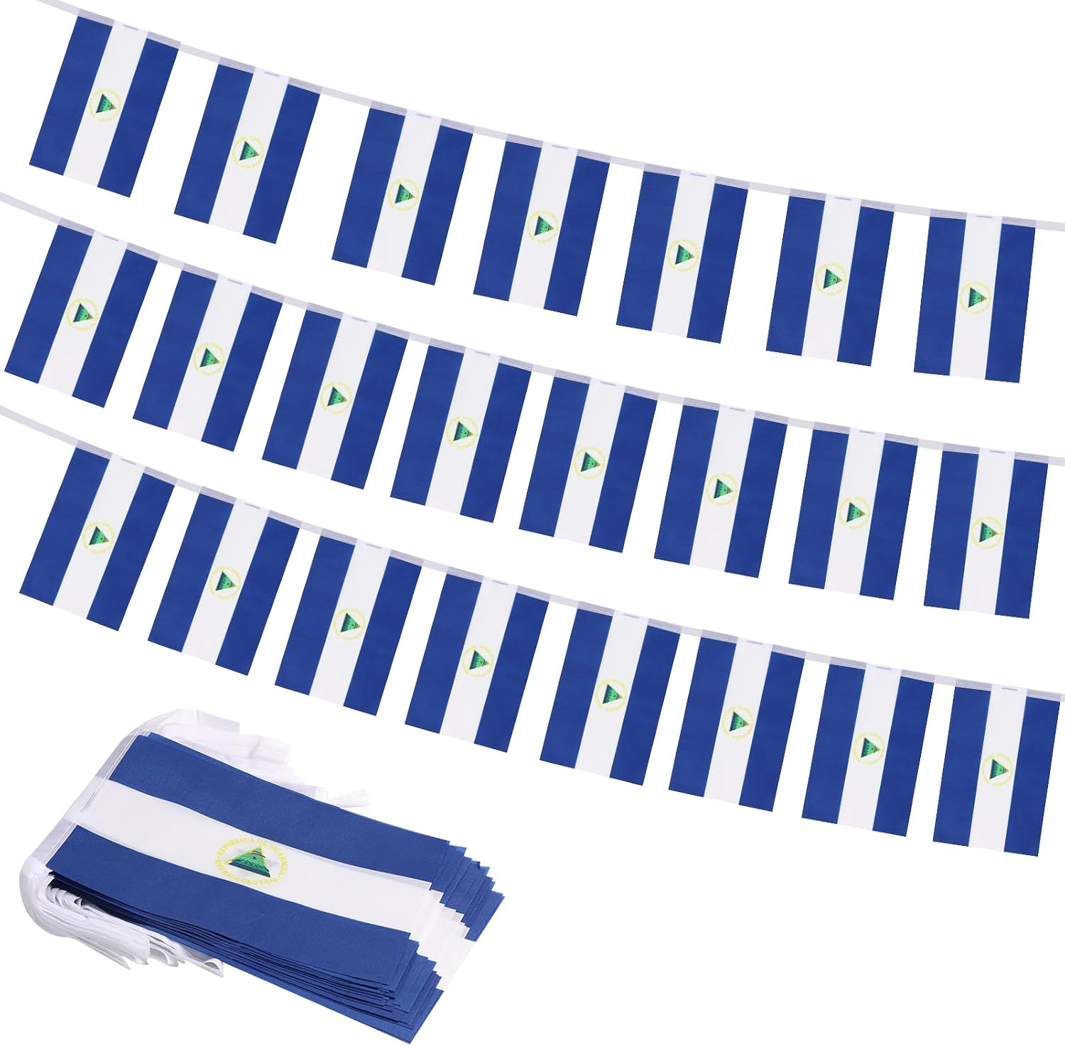 Nicaragua Flag Banner, Small Mini Nicaraguan Flags Patriotic Decoration for Party, Classroom, Sports Events, 33 Feet 30 Flags