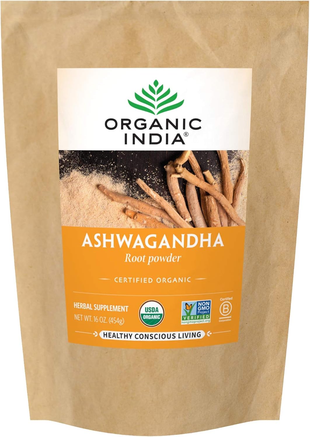 ORGANIC INDIA Ashwagandha Powder Organic - Ashwagandha Root Powder Bulk, Herbal Supplement - Vegan, Gluten-Free, Kosher, Non-GMO