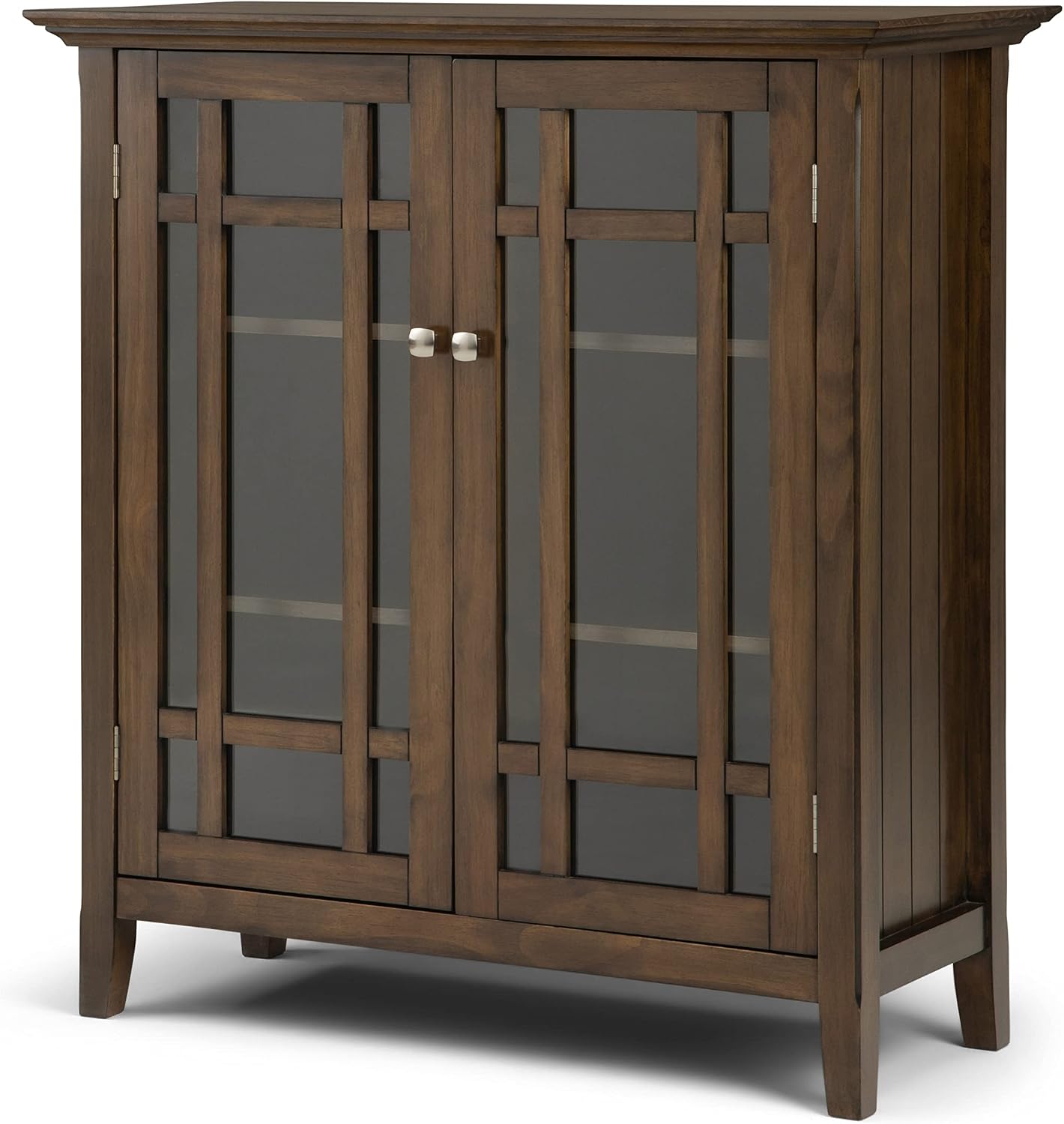 SIMPLIHOME Bedford 62" Wide Solid Wood Sideboard in Brunette Brown | Transitional low media console with glass doors and storage shelves for the living room, entryway or dining room.