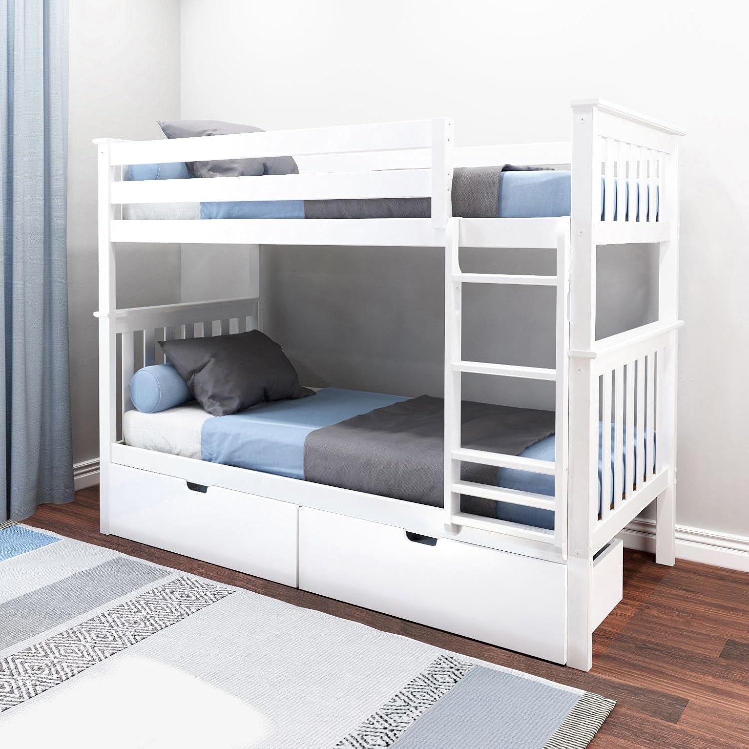 Max & Lily Bunk Bed Twin over Twin, Solid Wood Bunk Bed Frame with Ladder for Kids, 14" Safety Guardrails, Easy Assembly, No Box Spring Needed, White