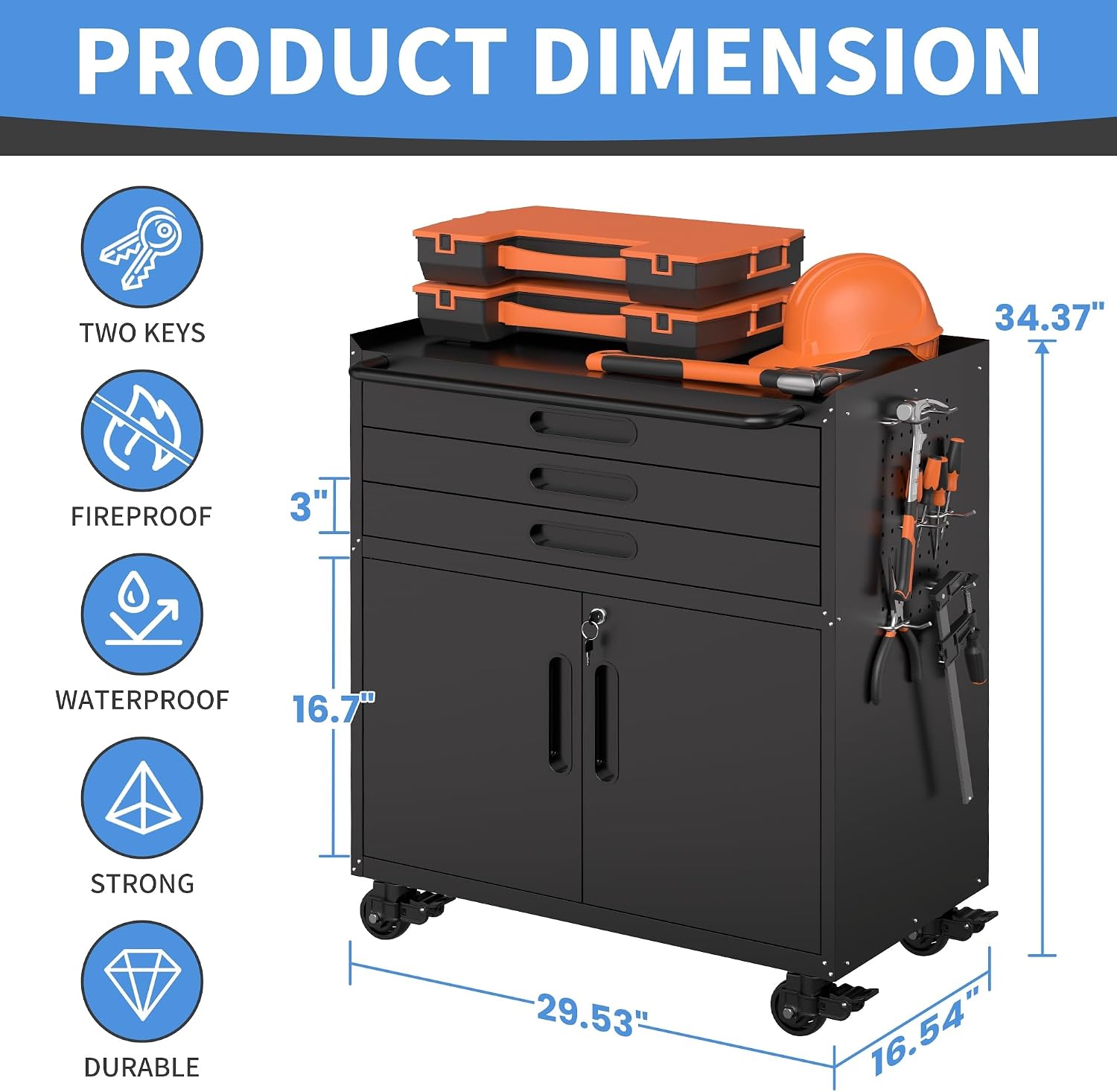 Metal Storage Cabinet for Garage, Tool Cabinet, Utility Cabinet | Wheeled, Rolling Tool Cabinet, 6 Drawers, Top Countertop, Pegboard, Assembly Required, Black