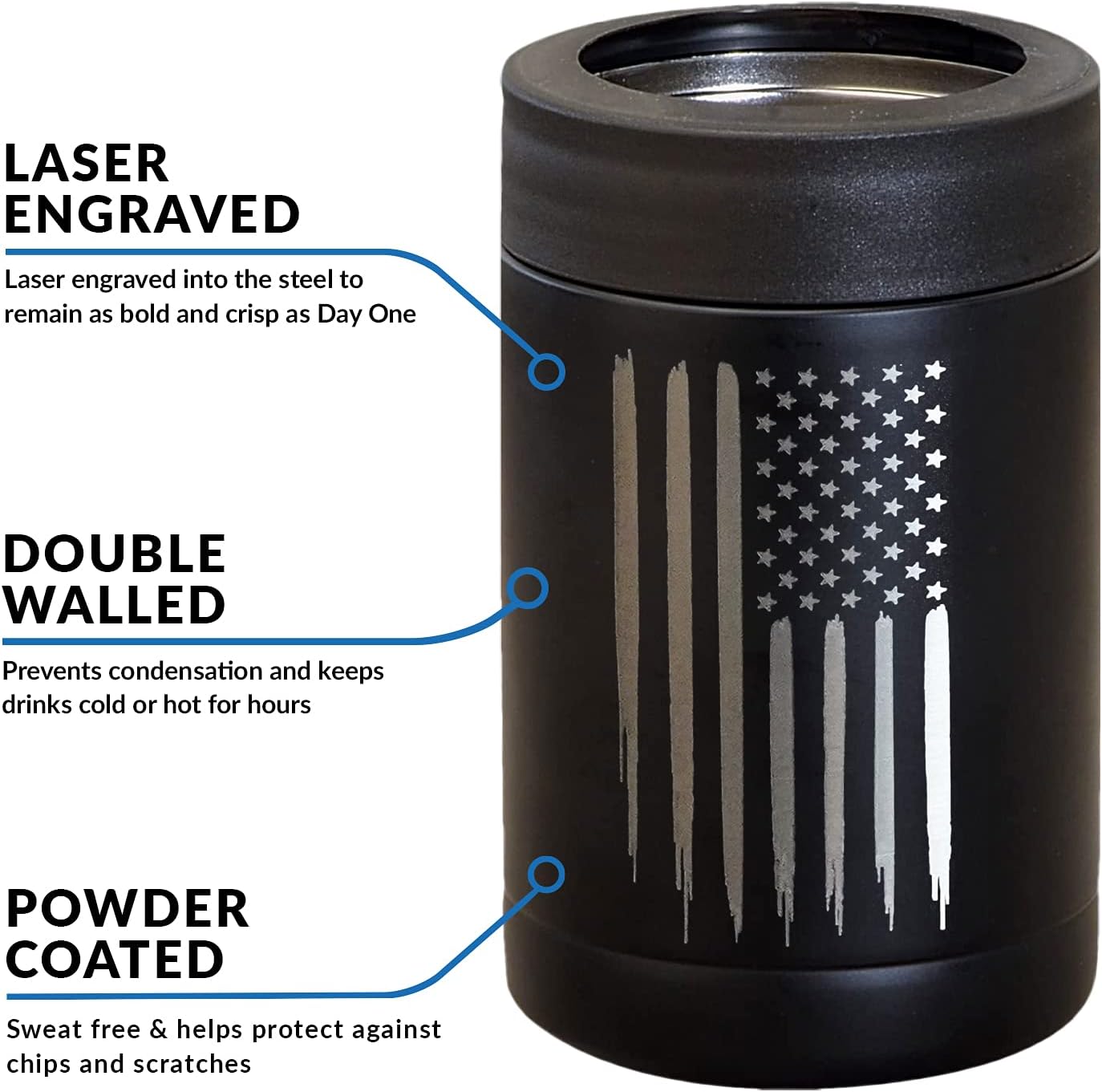 American Flag Insulated Can Cooler - Stainless Steel Bottle Cooler - Engraved USA Flag - American Flag Gifts | Flag 12oz Can Cooler