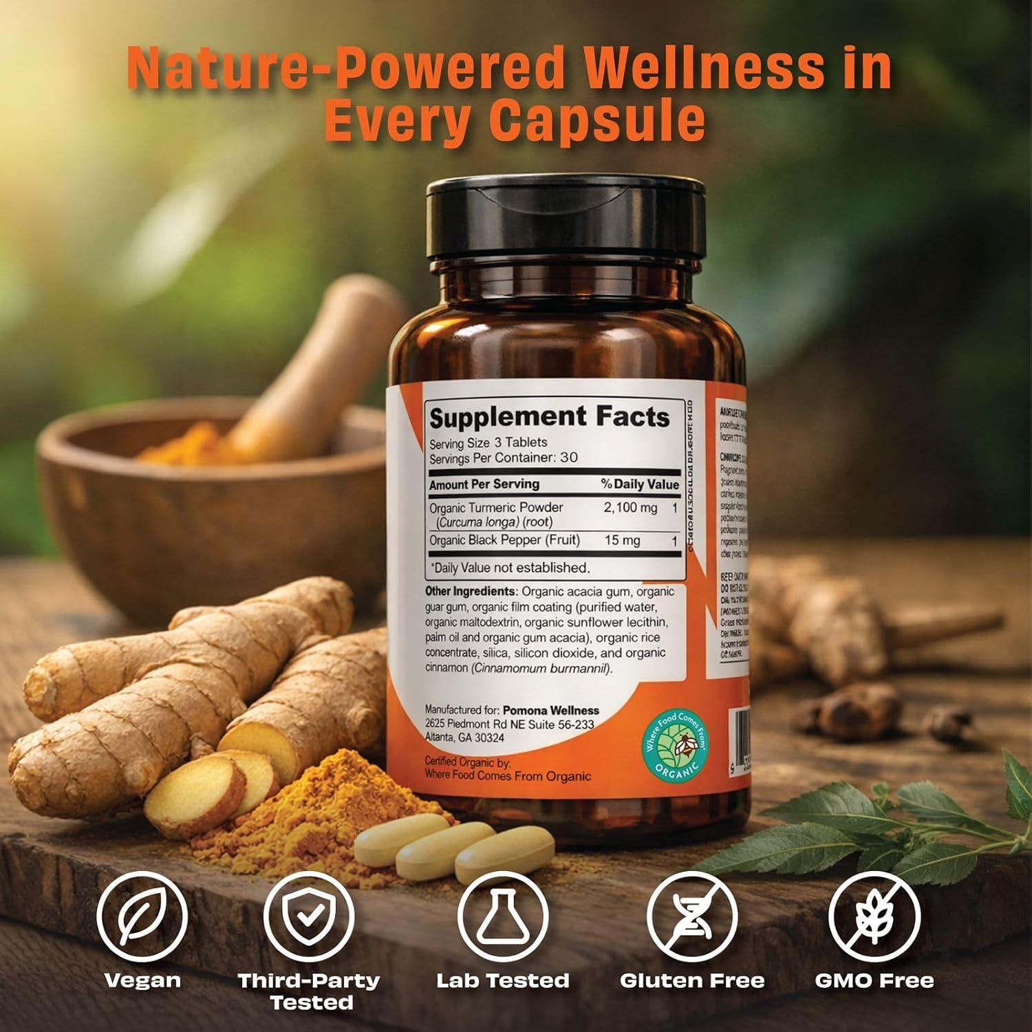 Pomona Wellness Organic Turmeric Supplement 2100 mg, 120 Tablets