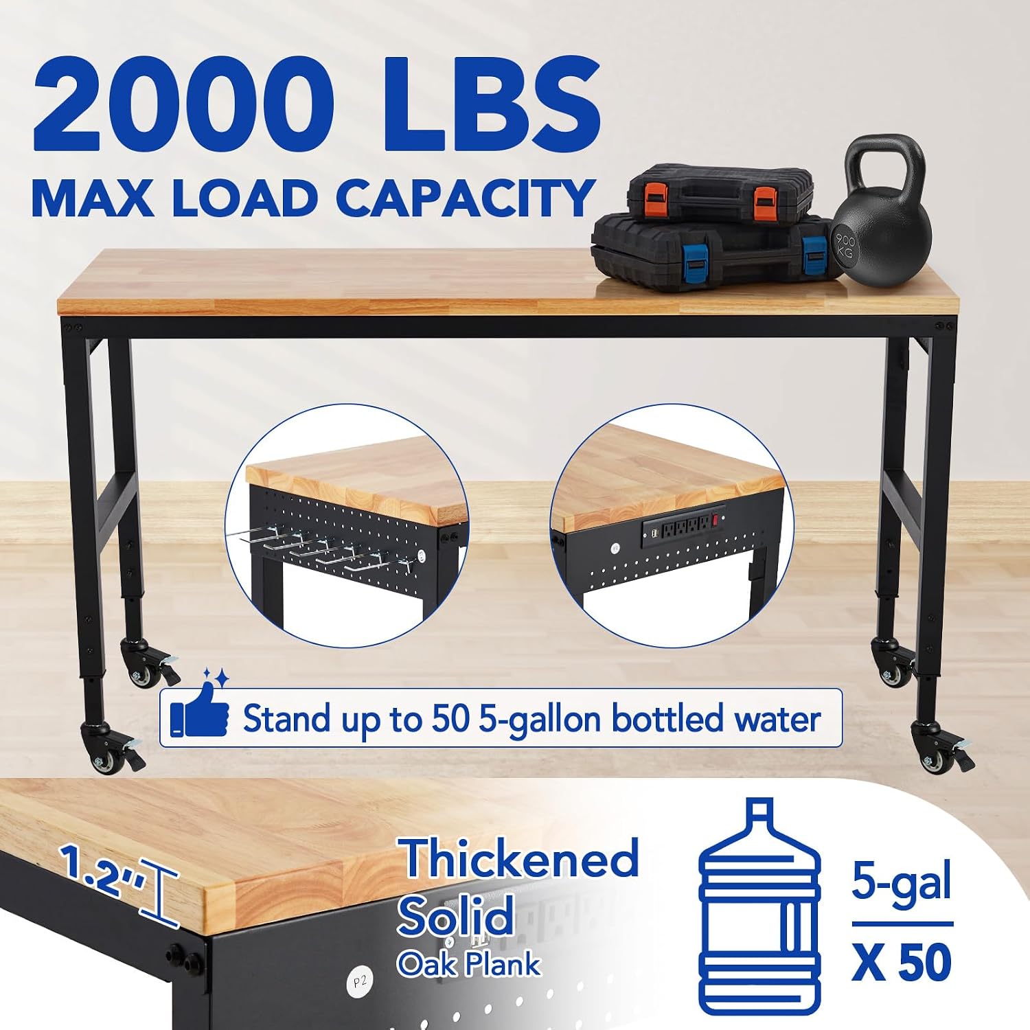 Workbench Adjustable 75' x 25', 2000 Lbs Load Capacity, 29.5"-38.4" Heights Garage Worktable with Universal Wheels & Power Outlet