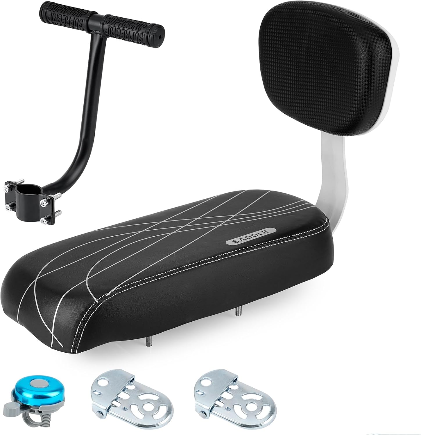 Bicycle Rear Seat Cushion Armrest Footrest Set, Kid Child Carrier Bicycle Baby Seat, Including Cushion and Backrest, Armrest Handrail, Footrests, Bell