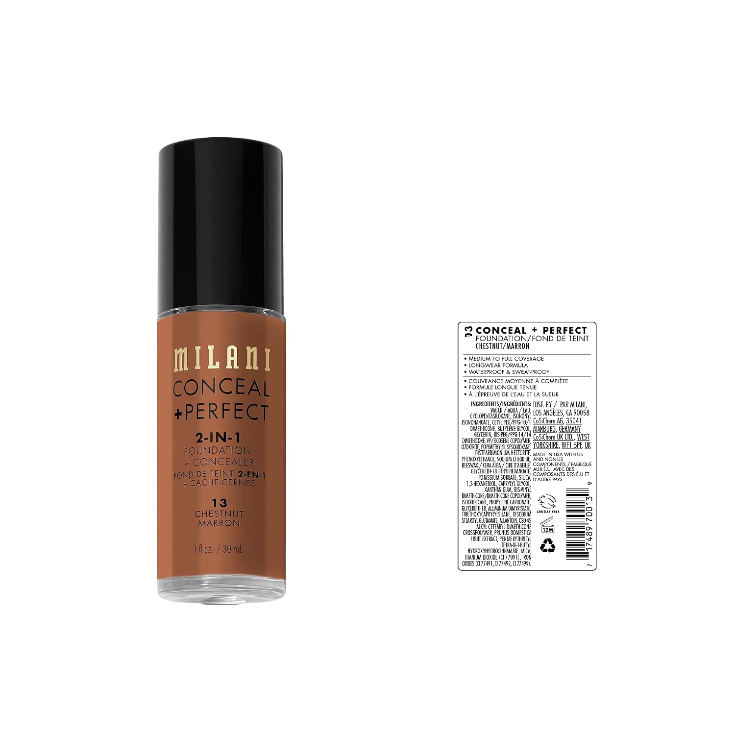 Milani Conceal + Perfect 2-in-1 Foundation + Concealer Makeup -13-Chestnut | Medium-To-Full Coverage, Natural-Matte Finish. Under Eye Corrector, Cover Redness & Imperfections. Waterproof & Sweat-Proof.