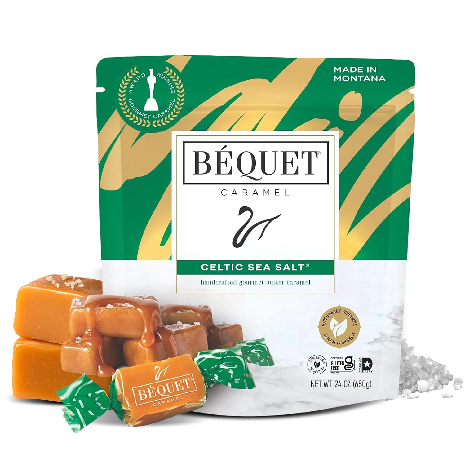 Béquet Celtic Sea Salt Caramels - Individually Wrapped Candy - 8oz Gift Bag | Ready-to-gift bag. Small-batch caramel made in Montana with real cream and butter, Kosher Star-D, gluten free, non-GMO