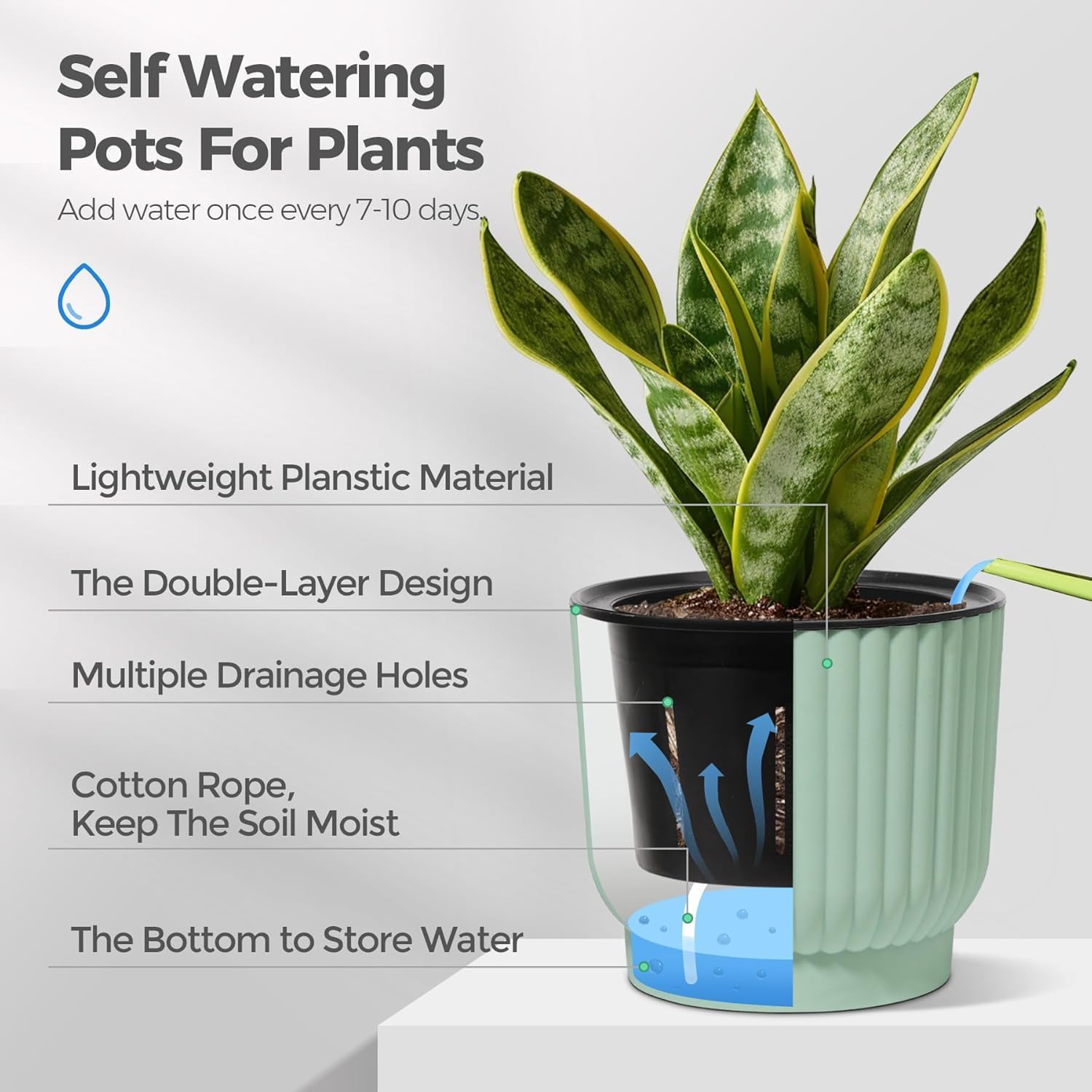T4U Self Watering Pots for Indoor Plants, 4 Inch 6 Pack Planter White
