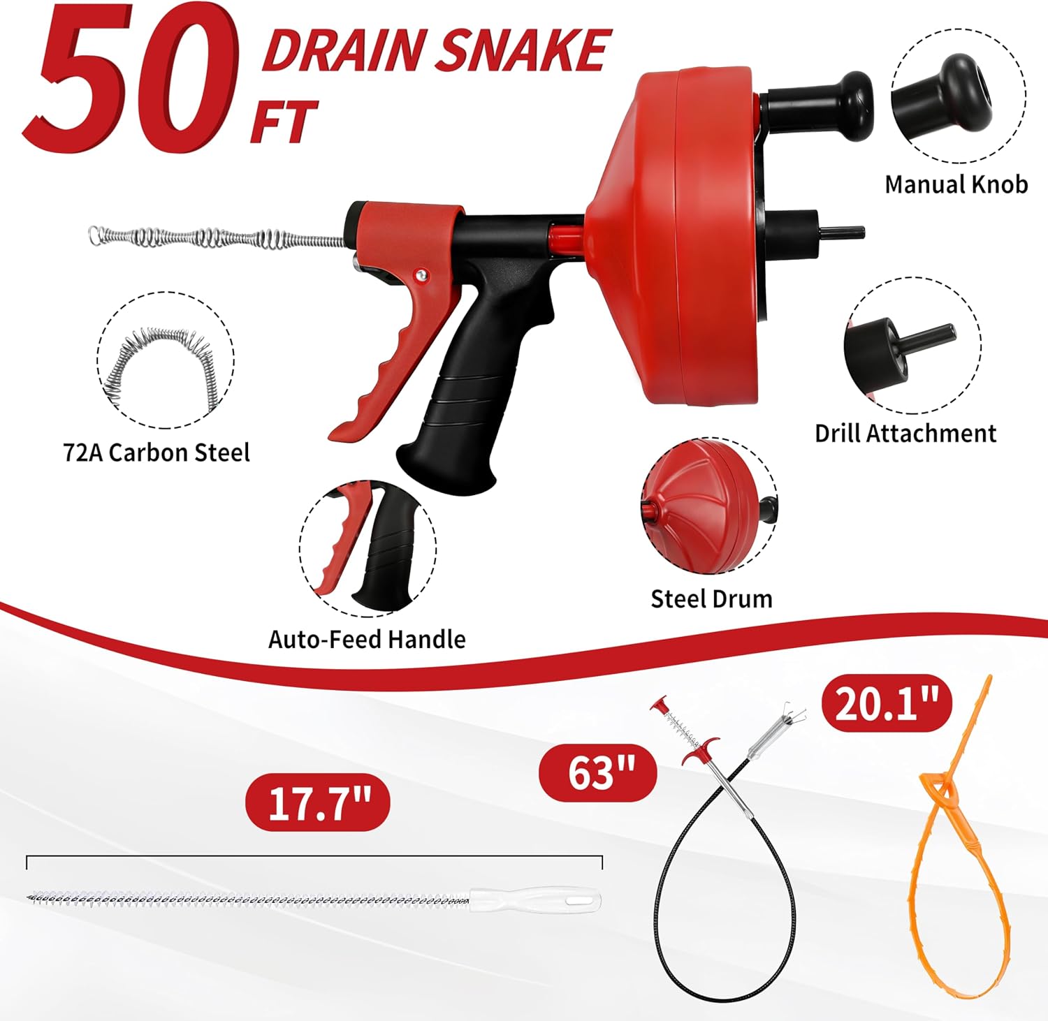 Drain Snake 50 Ft with Drill Attachment, Auto Feed 1/4 Inch Plumbing Snake for Sink, Shower & Tub Clogs, Manual or Drill-Powered Drain Auger