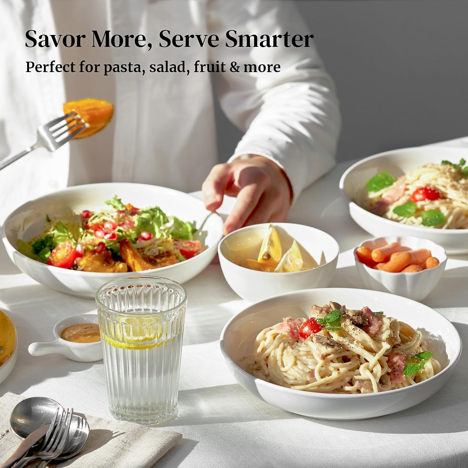 DOWAN 8.5" Pasta Bowls, 32oz Salad Bowls Set of 6, Natural White Ceramic Serving Bowls