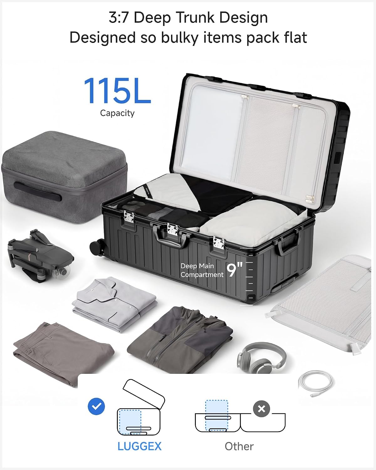 LUGGEX Zipperless Checked Suitcase, Aluminum Frame, Charcoal Metallic, 28" | Checked Luggage, 100% PC Hard Shell, 8010S Aluminum Frame, 8 Spinner Wheels, TSA Lock, Hard Shell, ZX-Core