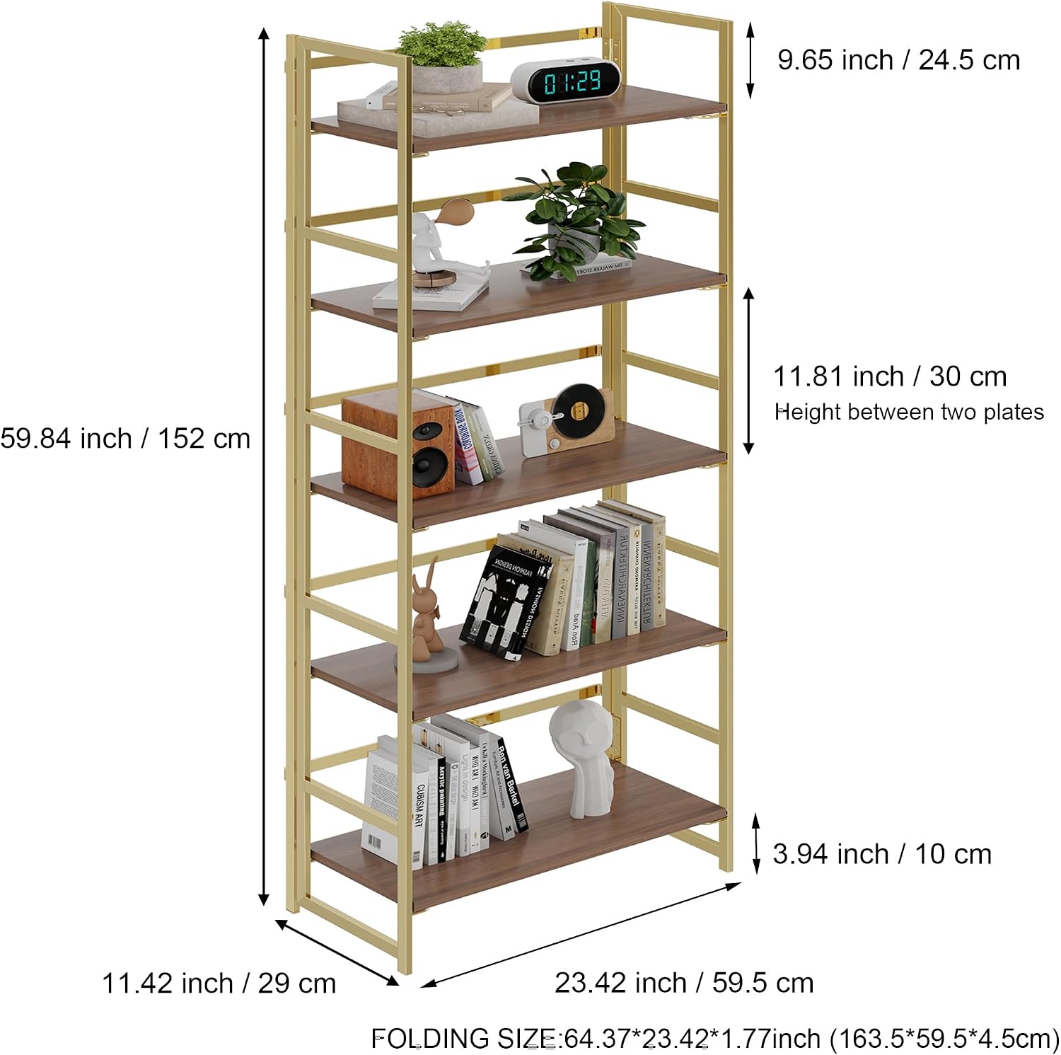 Vintage Multifunctional Folding Bookshelf, No-Assembly Plant Stand Storage Rack Shelves for Home Office (Fire, 5-Tier)