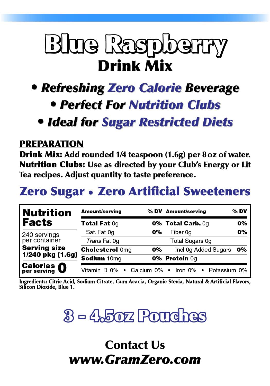 GramZero Raspberry Blush, Sugar Free Drink Mix, Pitcher Pack, Great For Nutrition Club Loaded Tea, Zero Calorie, Stevia Sweetened