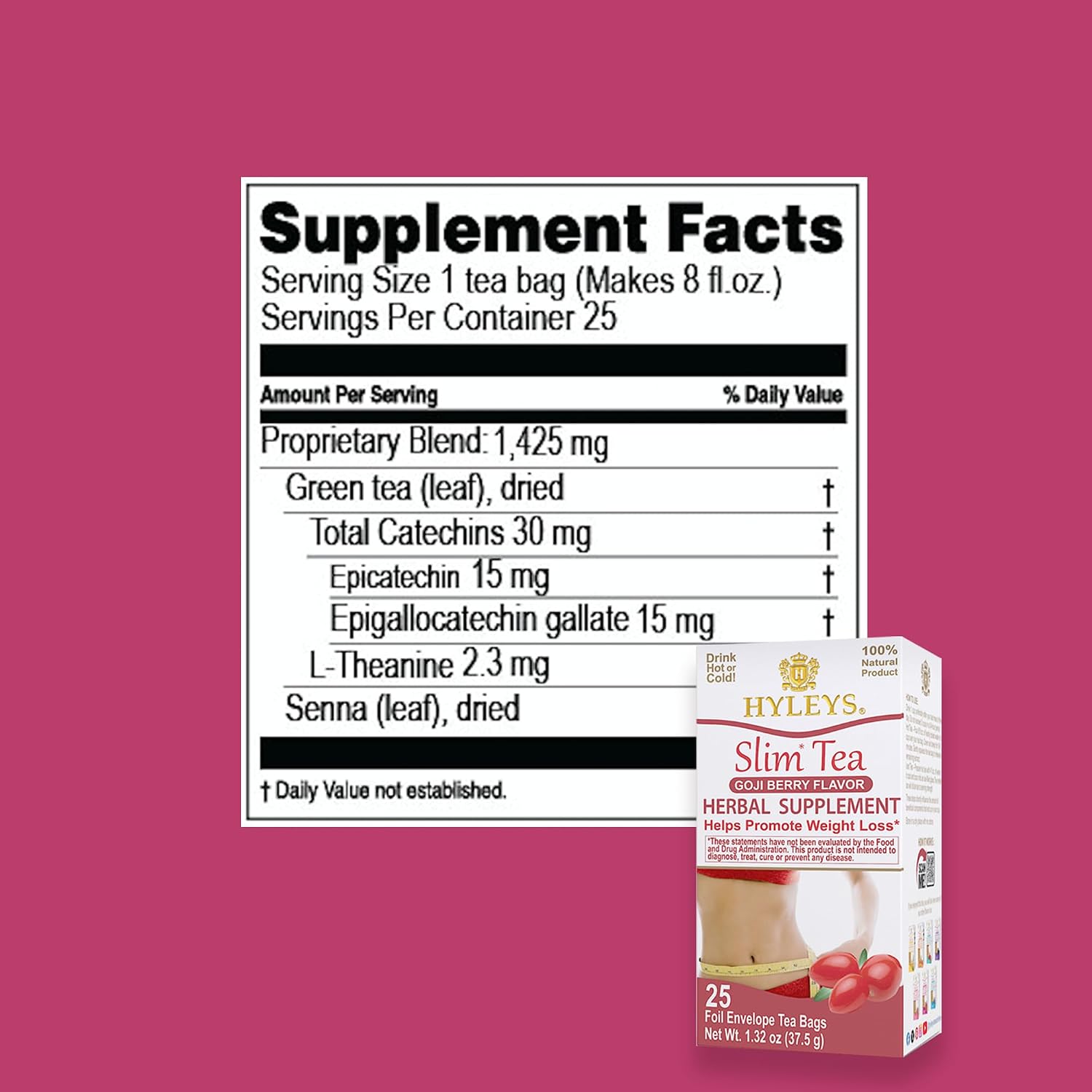 HYLEYS Slim Tea Goji Berry, Weight Loss Detox, Slimming Diet Tea, 25 Bags | Green Tea, Senna Detox & Cleanse, 3 Natural Ingredients, No Added Sugar, 1-Step Bedtime Routine, Supports Digestion