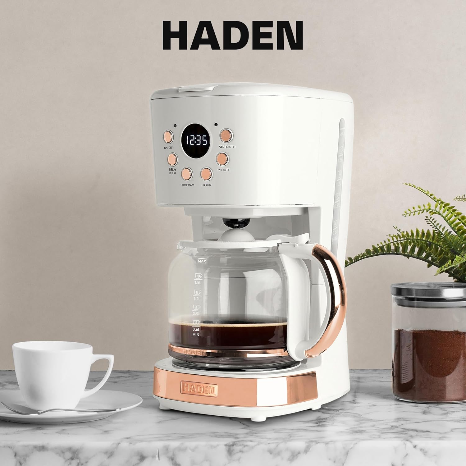HADEN 12-Cup Programmable Coffee Maker for Home or Office, Putty & Chrome – Drip Brewer Machine with Brew Strength, Delay Brewing