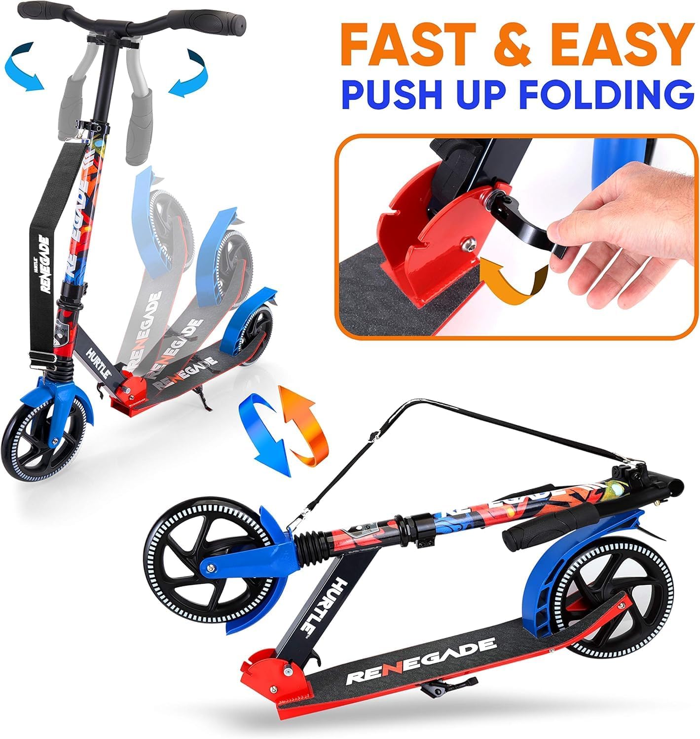 Hurtle Renegade Kick Scooter for Kids, Teenagers & Adults - 2-Wheel Folding Scooter with Adjustable T-Bar Handlebar - Alloy Anti-Slip Deck