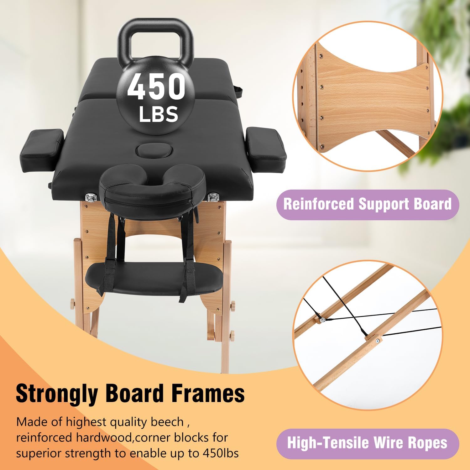 BestMassage | Portable Massage Table | 24" Wide, Black PU Leather | Lightweight, 2-Fold Massage Table with Height Adjustment, 450lbs Capacity, Carry Bag | For Massage, Facial, Tattoo, Home, Spa